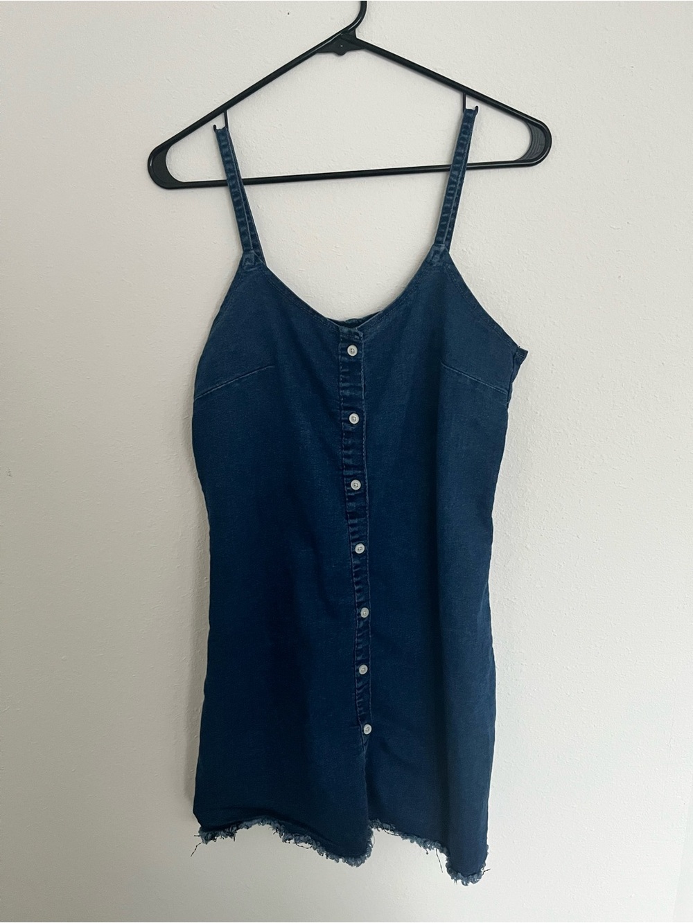 Denim Button-Front Spaghetti Strap Mini Dress - Dark Blue